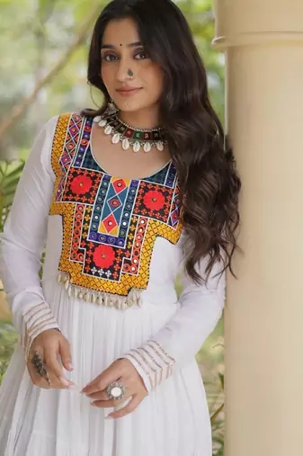 White rayon readymade navratri anarkali suit with kutchi thread work