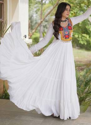 White rayon readymade navratri anarkali suit with kutchi thread work 3