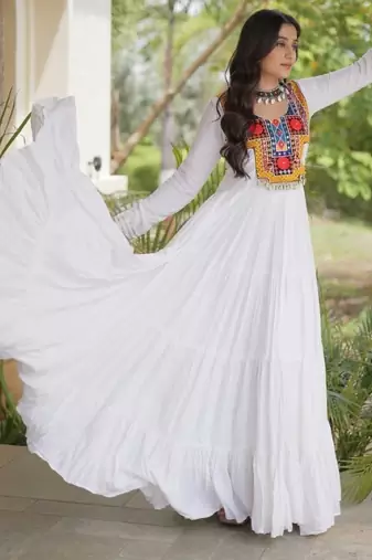 White rayon readymade navratri anarkali suit with kutchi thread work