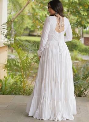 White rayon readymade navratri anarkali suit with kutchi thread work 4