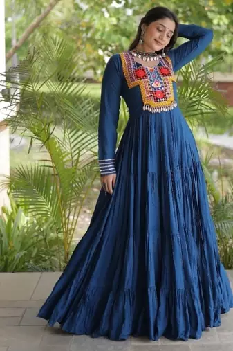 Teal rayon readymade navratri anarkali suit with kutchi thread work