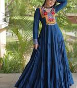 Teal rayon readymade navratri anarkali suit with kutchi thread work