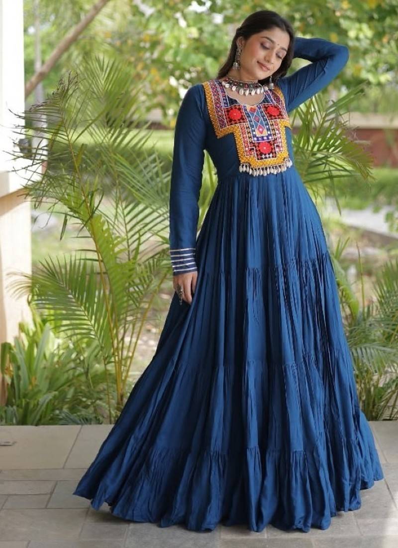 Teal rayon readymade navratri anarkali suit with kutchi thread work
