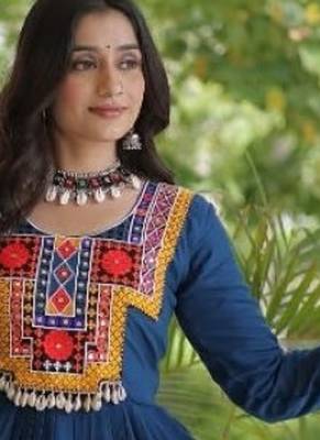 Teal rayon readymade navratri anarkali suit with kutchi thread work 2