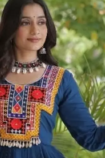Teal rayon readymade navratri anarkali suit with kutchi thread work