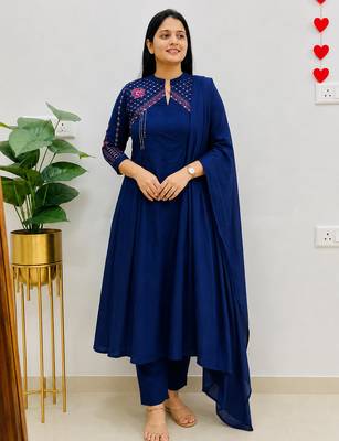  blue embroidered chanderi flared suit set 1