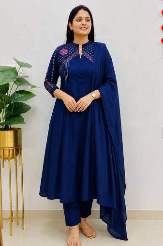  blue embroidered chanderi flared suit set