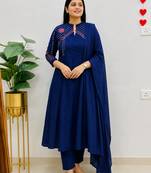  blue embroidered chanderi flared suit set