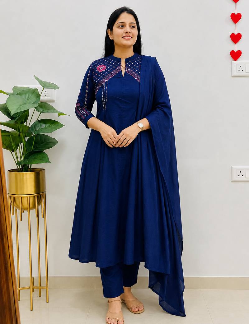  blue embroidered chanderi flared suit set