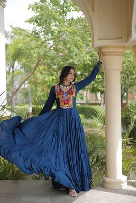 Teal rayon readymade navratri anarkali suit with kutchi thread work 3