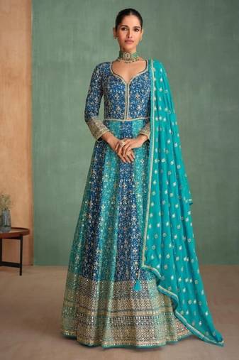 Teal georgette semi stitched anarkali suit with embroidery & sequence work