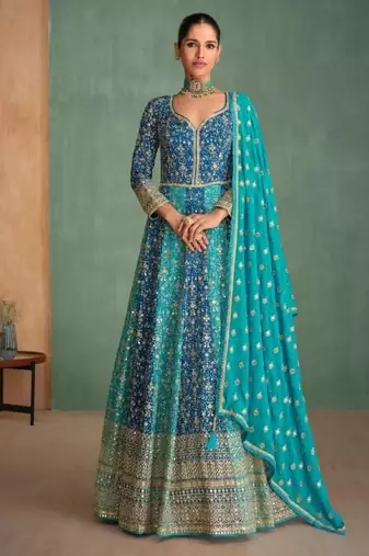 Teal georgette semi stitched anarkali suit with embroidery & sequence work