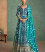 Teal georgette semi stitched anarkali suit with embroidery & sequence work