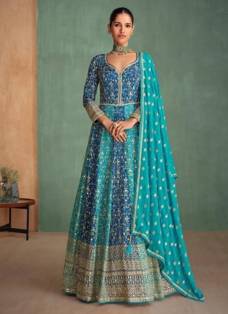 Teal georgette semi stitched anarkali suit with embroidery & sequence work