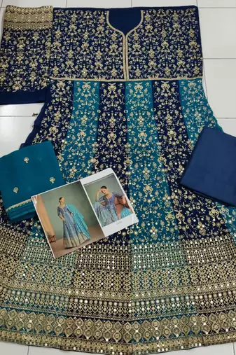 Teal georgette semi stitched anarkali suit with embroidery & sequence work