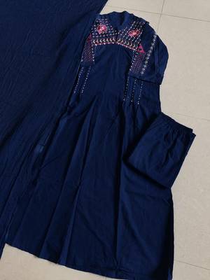  blue embroidered chanderi flared suit set 4