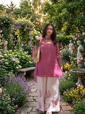 Women onion pink solid straight kurti with butterfly print palazzo & dupatta set 1
