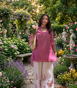 Women onion pink solid straight kurti with butterfly print palazzo & dupatta set