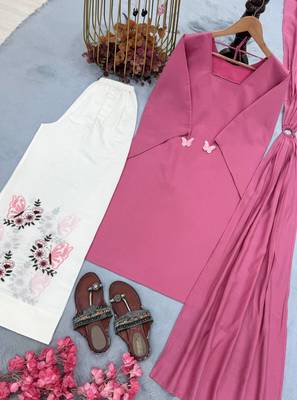 Women onion pink solid straight kurti with butterfly print palazzo & dupatta set 4