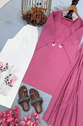 Women onion pink solid straight kurti with butterfly print palazzo & dupatta set