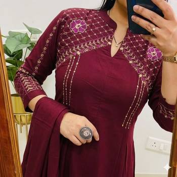 Beautiful wine embroidered chanderi flared suit set 5