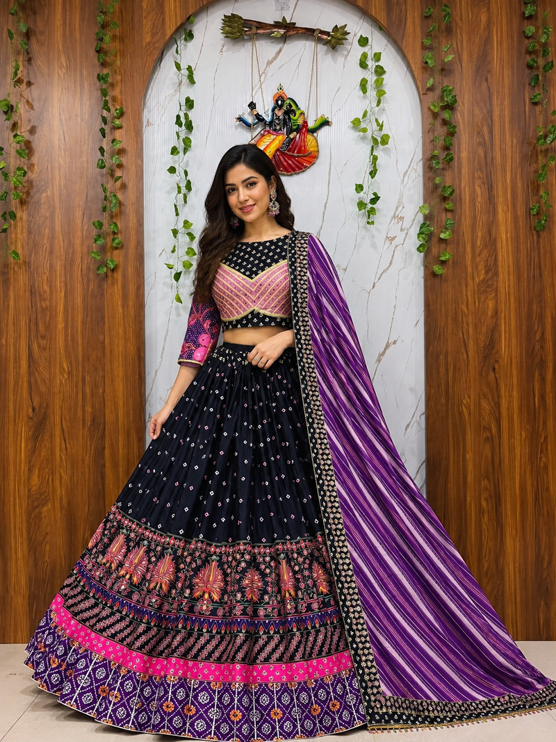 Black Muslin cotton digital print lehenga with dupatta mirror work navratri special chaniya choli