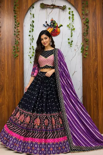 Black Muslin cotton digital print lehenga with dupatta mirror work navratri special chaniya choli