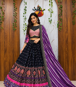 Black Muslin cotton digital print lehenga with dupatta mirror work navratri special chaniya choli