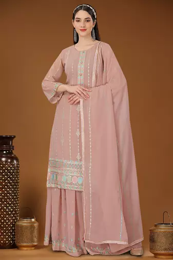 Peach designer embroidered sequins georgette salwar suit set