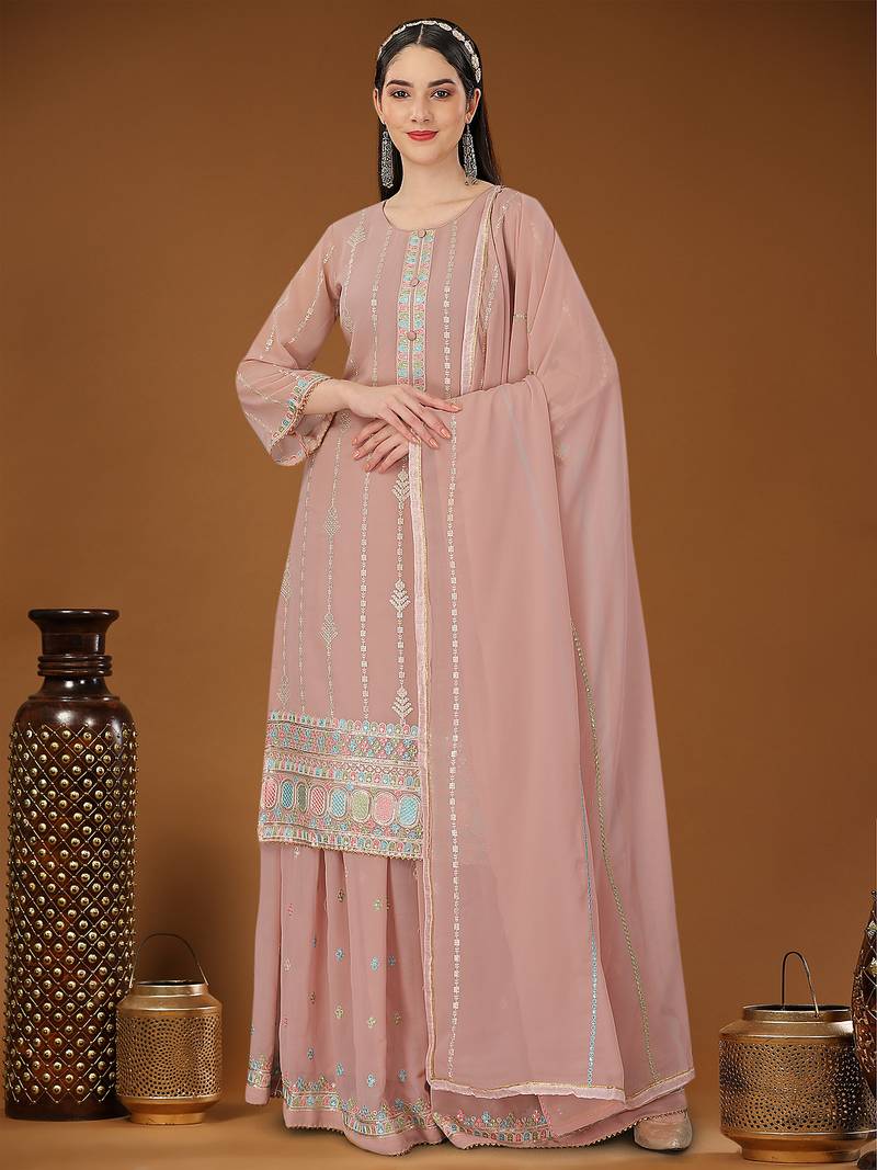 Peach designer embroidered sequins georgette salwar suit set