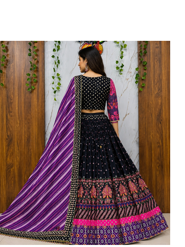 Black Muslin cotton digital print lehenga with dupatta mirror work navratri special chaniya choli 2