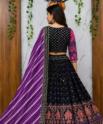 Black Muslin cotton digital print lehenga with dupatta mirror work navratri special chaniya choli