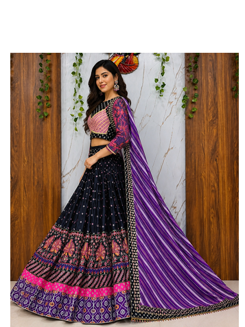 Black Muslin cotton digital print lehenga with dupatta mirror work navratri special chaniya choli 3