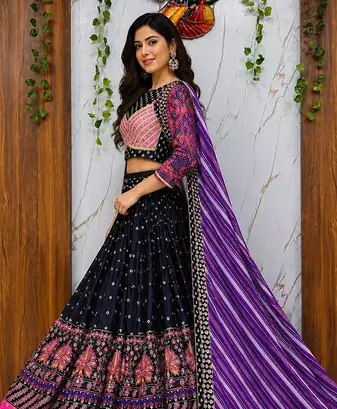 Black Muslin cotton digital print lehenga with dupatta mirror work navratri special chaniya choli