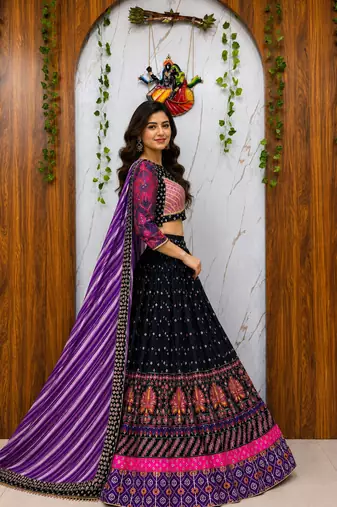 Black Muslin cotton digital print lehenga with dupatta mirror work navratri special chaniya choli