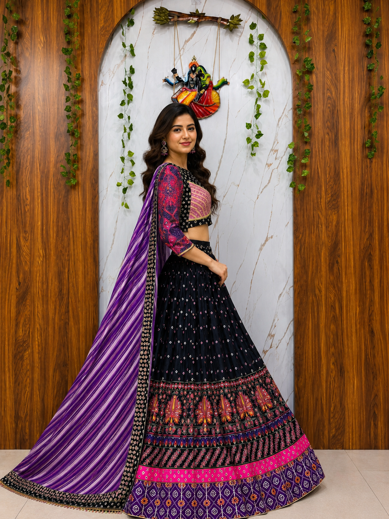 Black Muslin cotton digital print lehenga with dupatta mirror work navratri special chaniya choli