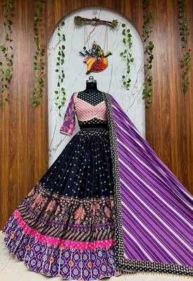 Black Muslin cotton digital print lehenga with dupatta mirror work navratri special chaniya choli 5