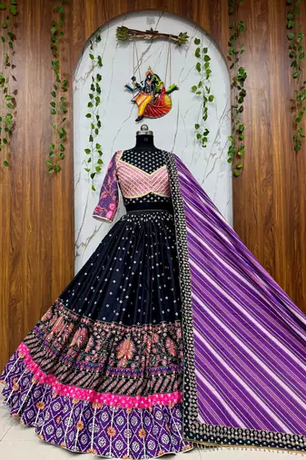 Black Muslin cotton digital print lehenga with dupatta mirror work navratri special chaniya choli