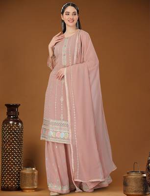 Peach designer embroidered sequins georgette salwar suit set 2