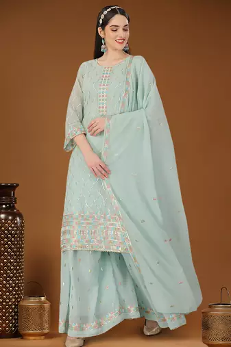 Sky blue designer embroidered sequins georgette salwar suit set