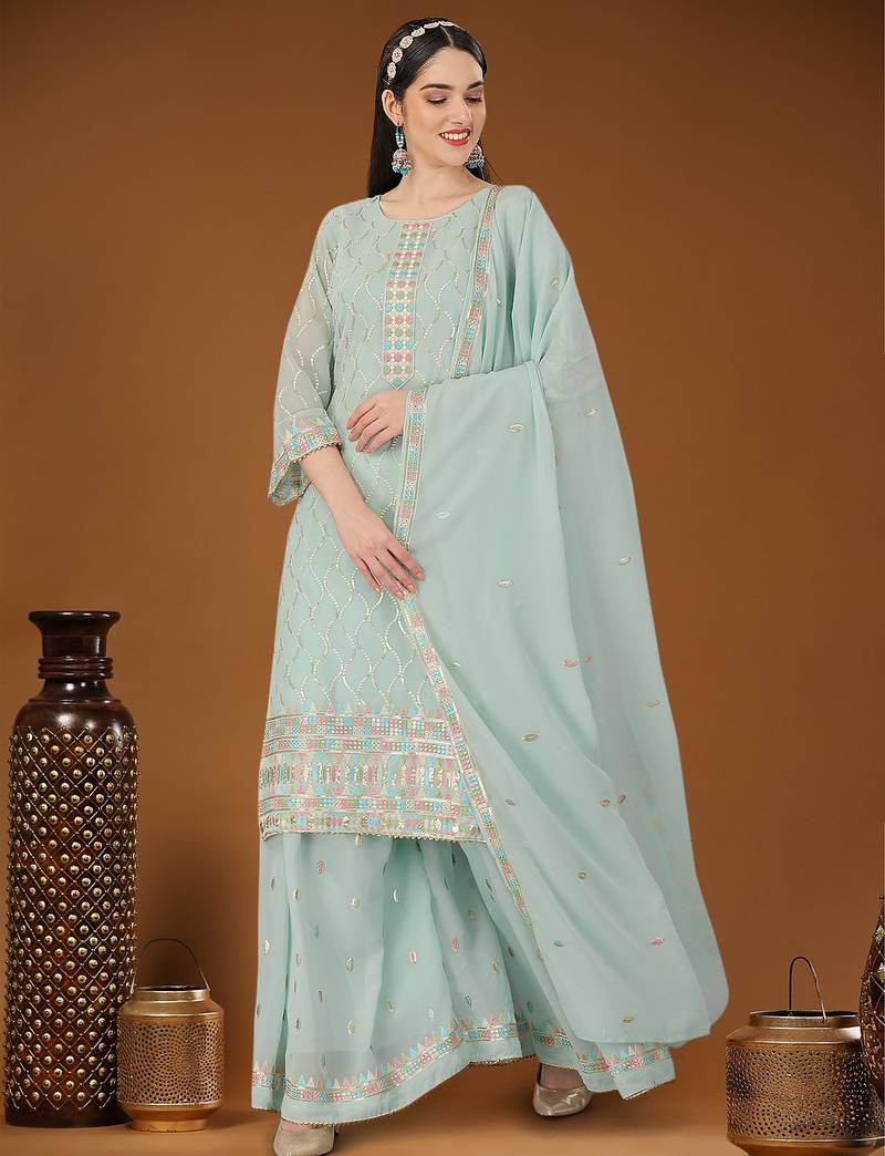 Sky blue designer embroidered sequins georgette salwar suit set