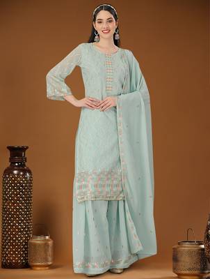 Sky blue designer embroidered sequins georgette salwar suit set 2