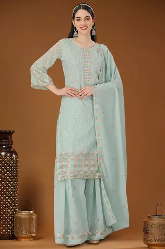 Sky blue designer embroidered sequins georgette salwar suit set