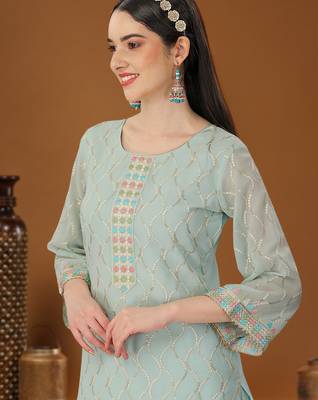 Sky blue designer embroidered sequins georgette salwar suit set 3