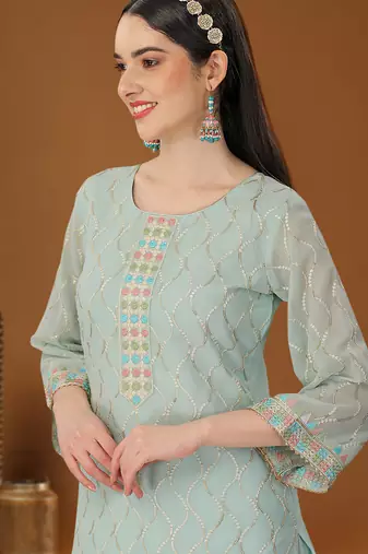 Sky blue designer embroidered sequins georgette salwar suit set