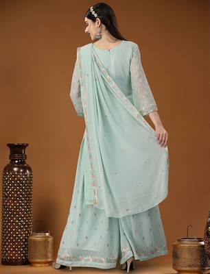 Sky blue designer embroidered sequins georgette salwar suit set 4