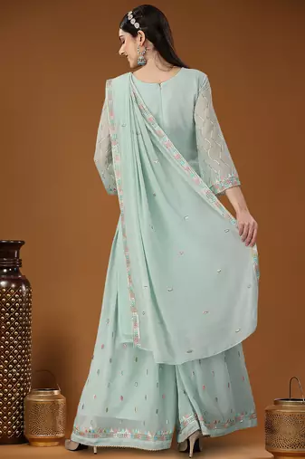 Sky blue designer embroidered sequins georgette salwar suit set