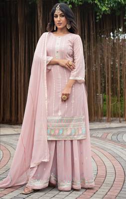 Peach designer sequins embroidered georgette salwar suit set 1