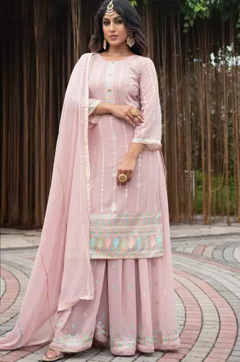 Peach designer sequins embroidered georgette salwar suit set
