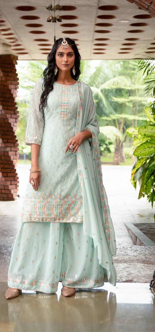 Sky blue designer sequins embroidered georgette salwar suit set